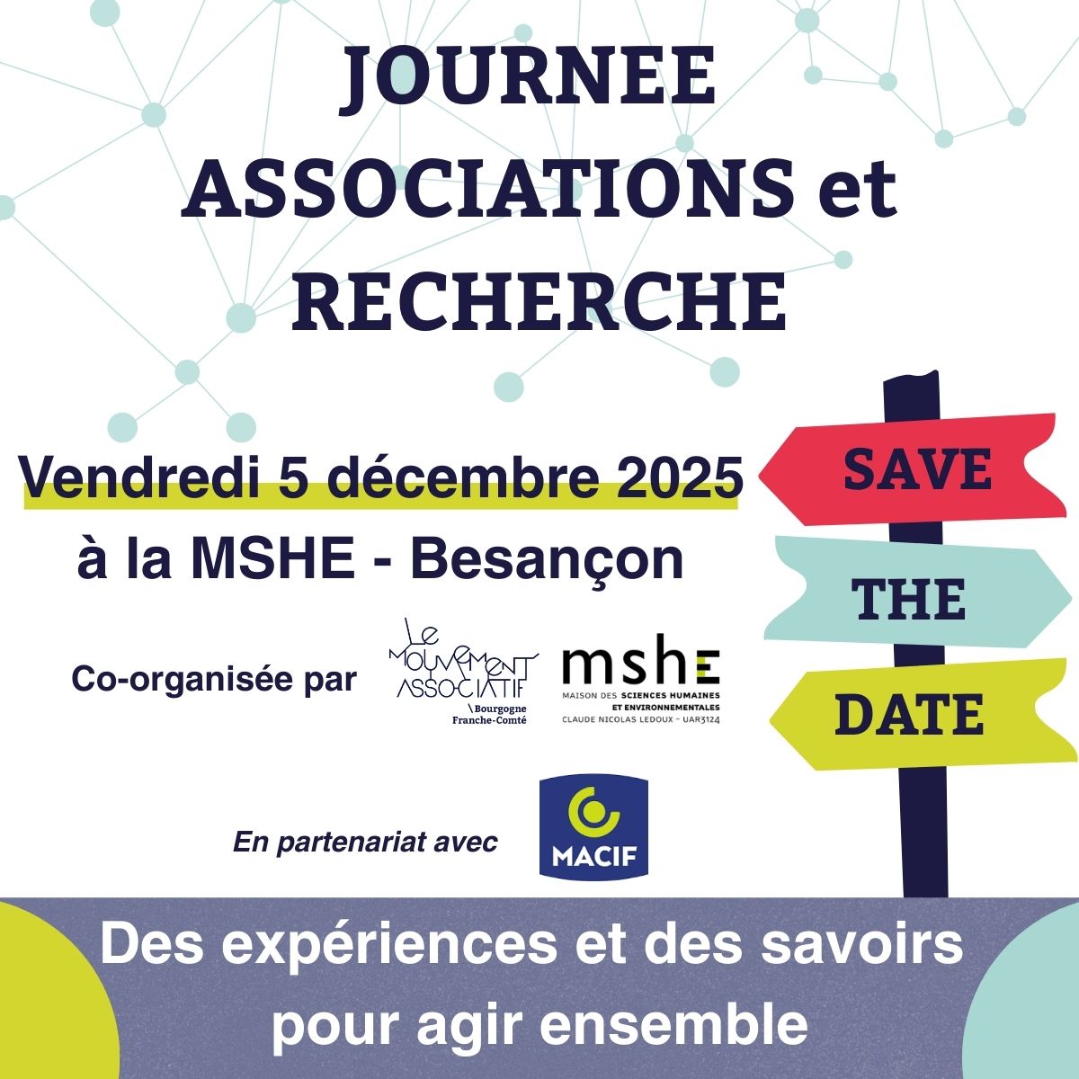 Journée Associations et Recherche Visuel annonçant un SAVE THE DATE pour la Journée Associations et Recherceh organisée par le Mouvement associatif BFC et la MSHE N. Ledoux de Besançon