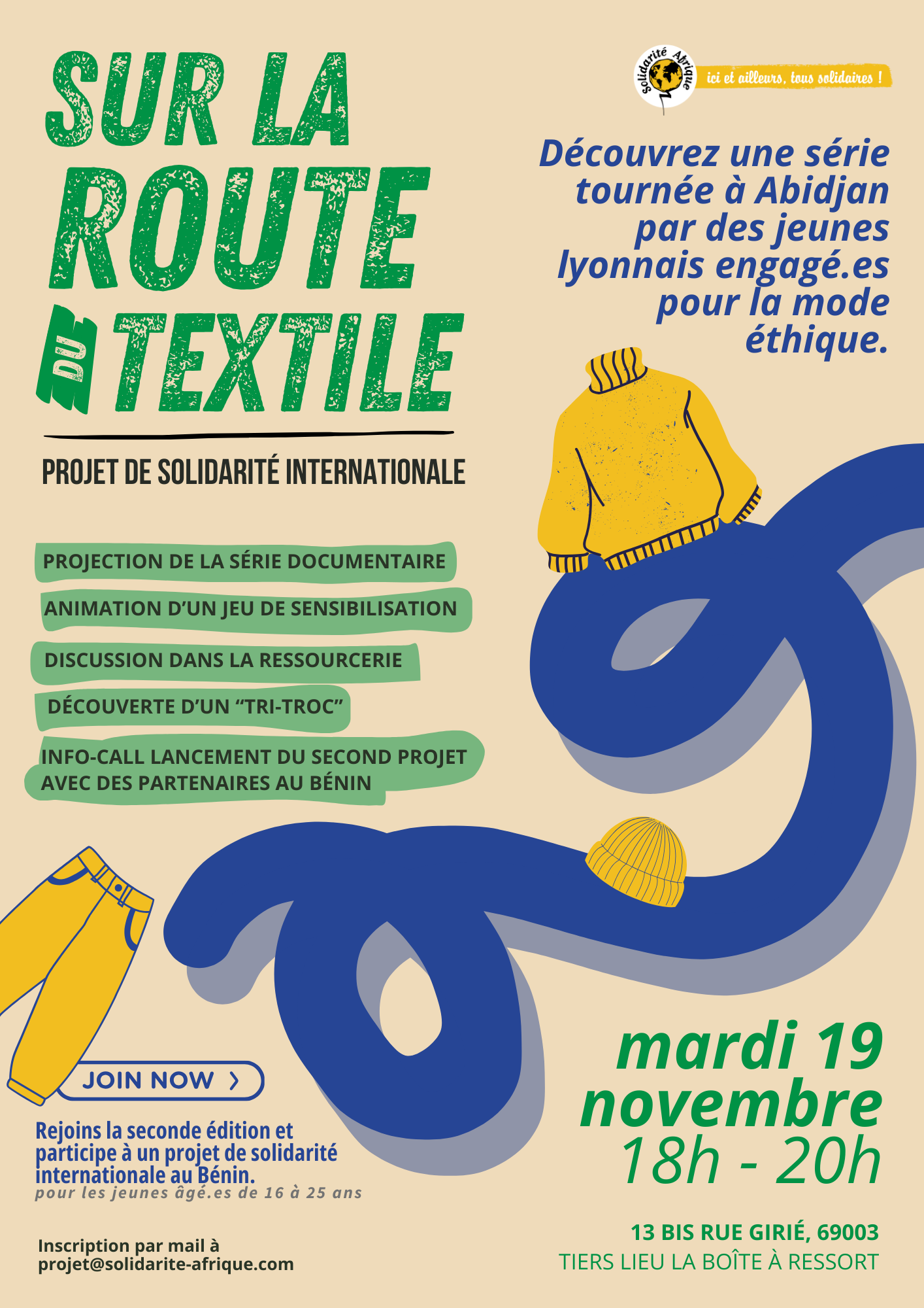 Sur la route du textile Découvrez une série documentaire tournée à Abidjan par un groupe de jeunes engagé.es pour la mode éthique, sur les impacts de la surconsommation textile. Au programme de la série : découverte de la série, jeu de sensibilisation, tri-troc, discussion dans la ressourcerie. Nous présenterons également la seconde phase du projet avec des partenaires aux Bénin, alors rejoignez l'aventure. pour participer inscrivez-vous à : projet@soldiarite-afrique.com
