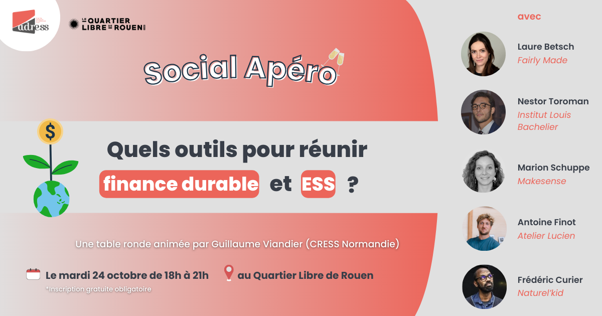 Social Apéro : Quels outils pour réunir finance durable et ESS ? Social Apéro : Quels outils pour réunir finance durable et ESS ? Visages, fonction et structures des intervenants, titre de l'événement.