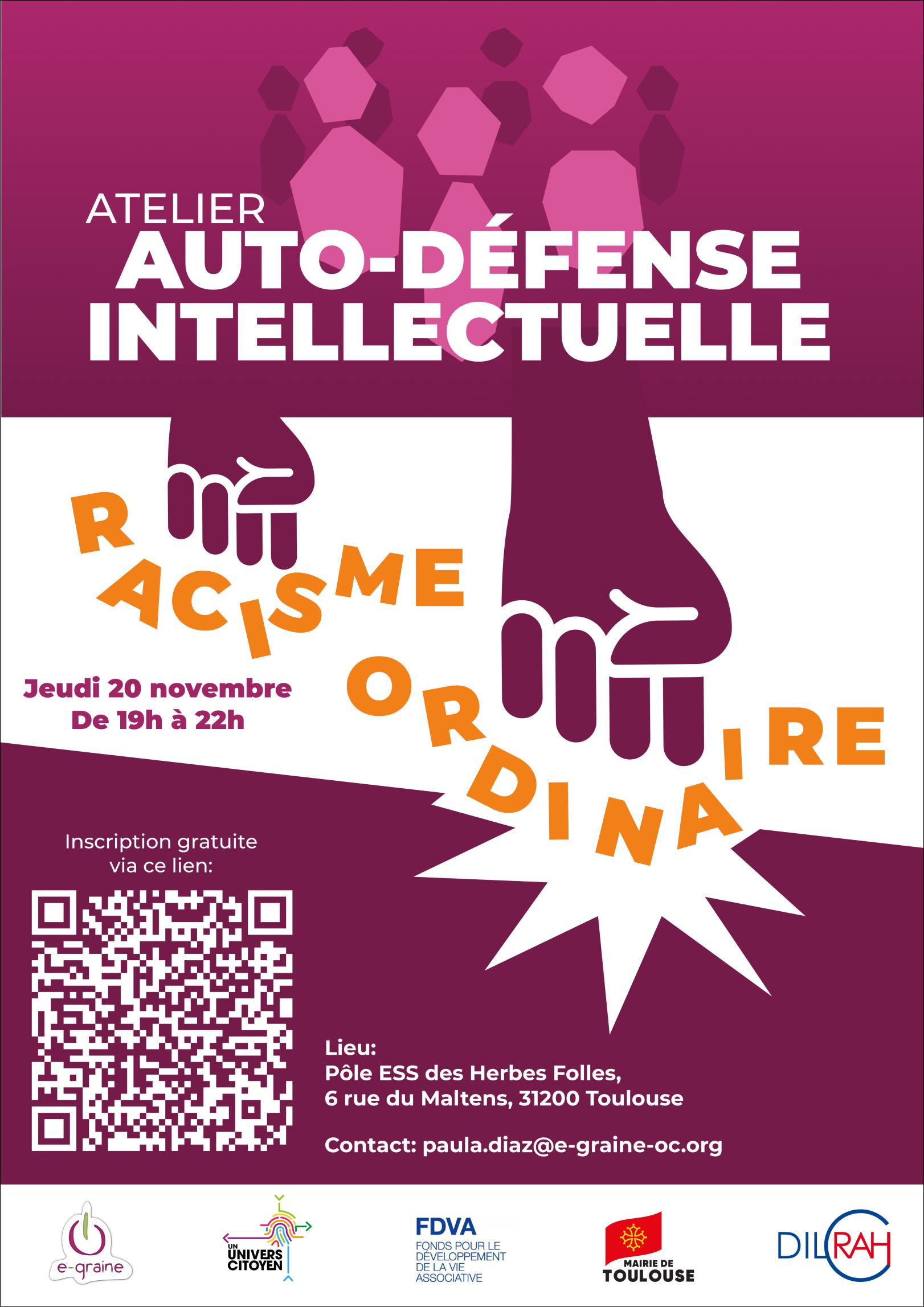 Venez participer à un atelier d’autodéfense intellectuelle pour comprendre, analyser et déconstruire le racisme. À travers des échanges, des propositions d'action et du théâtre, nous vous invitons à nous outiller en collectif pour faire face aux discours discriminants. L'atelier est gratuit et ouvert à tout.es ! Places limitées ! Ensemble, cultivons la solidarité, et l’action contre le racisme ✊🏽 Apéro antiraciste proposé ! (sentez-vous libres d'amener des choses à partager !)