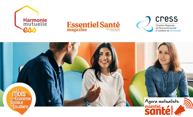 logos Harmonie Mutuelle ESS, Essentiel Santé Magazine, Cress Normandie et Agora mutualiste Essentiel Santé : Images avec des personnes qui échangent