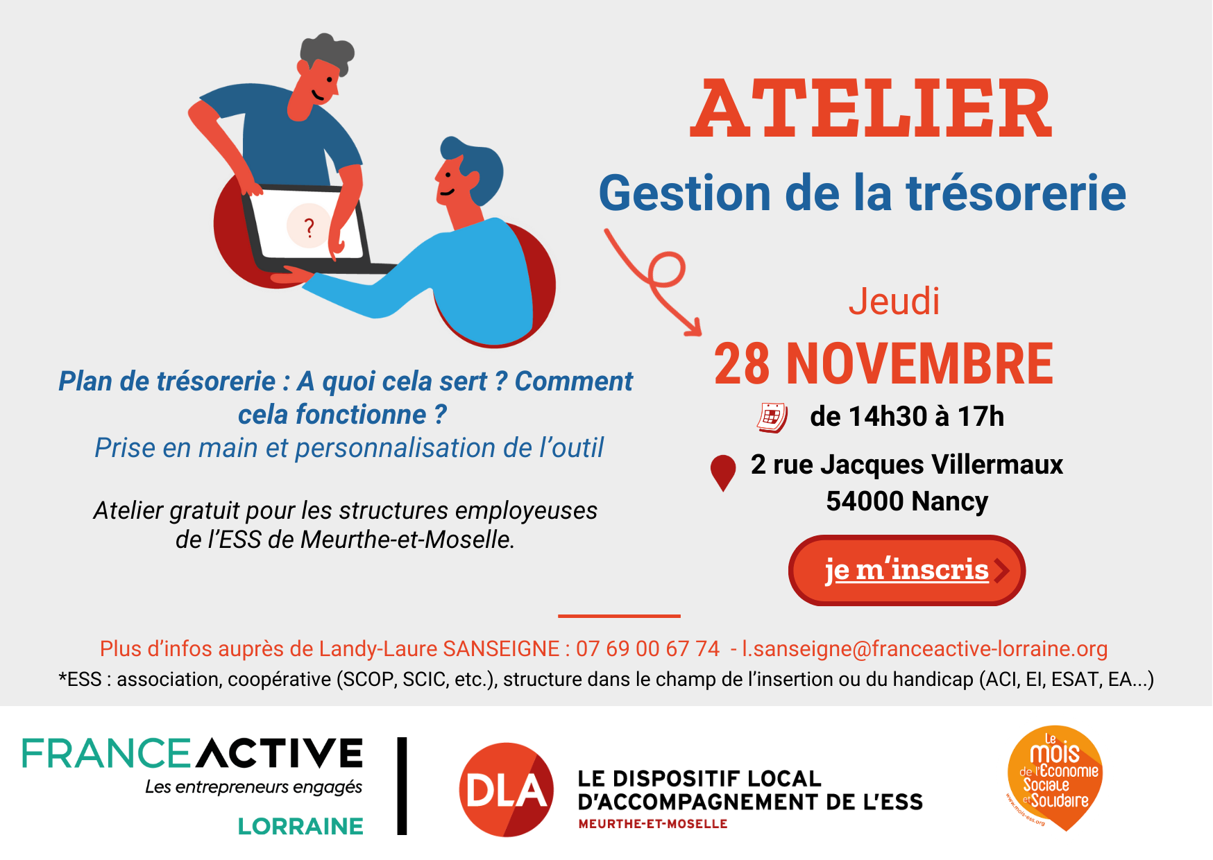 Atelier gestion de la trésorerie France Active Lorraine propose à toute structure de l'ESS employeuse un atelier pratique qui permettra de comprendre les enjeux d’une trésorerie saine, et d’être en capacité de construire un plan de trésorerie. Les participants repartiront avec un outil pratique pour gérer leur trésorerie au quotidien.