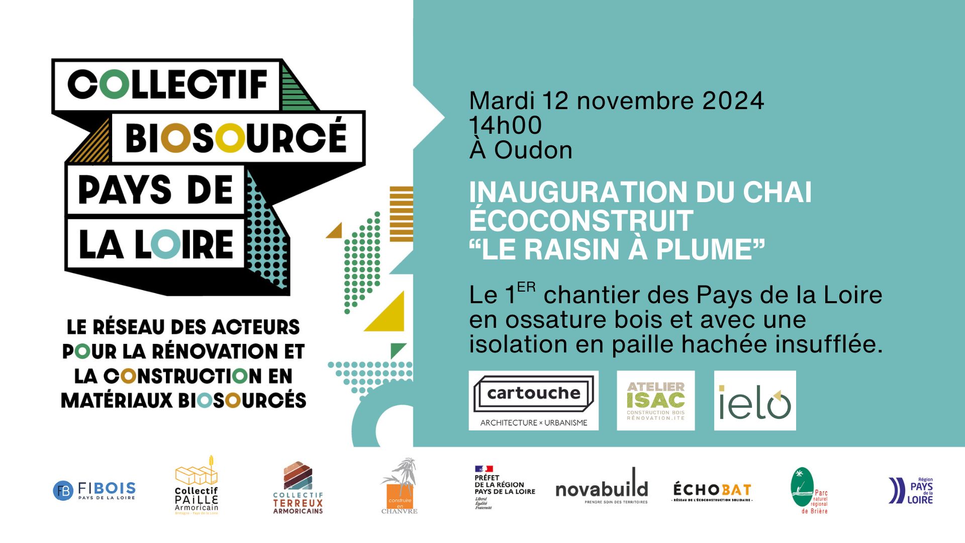 Rendez-vous le mardi 12 novembre pour l'inauguration du Chai "Le raisin à plume" qui rentre dans l'histoire du bâtiment français. Innovation technique d'isolation - Inauguration du 1er chantier des Pays de la Loire en ossature bois et avec une isolation en paille hachée insufflée.