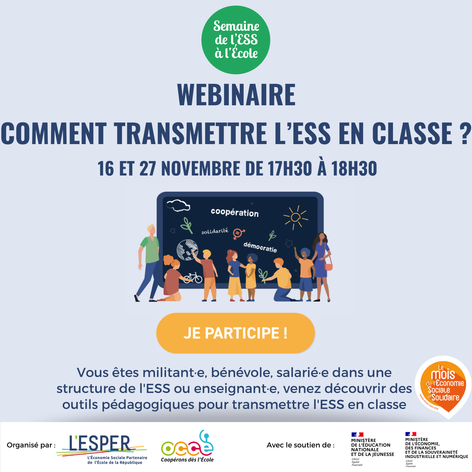 Webinaire "Comment transmettre l'ESS en classe ?" - les 16 et 27 novembre 2023 à 17h30