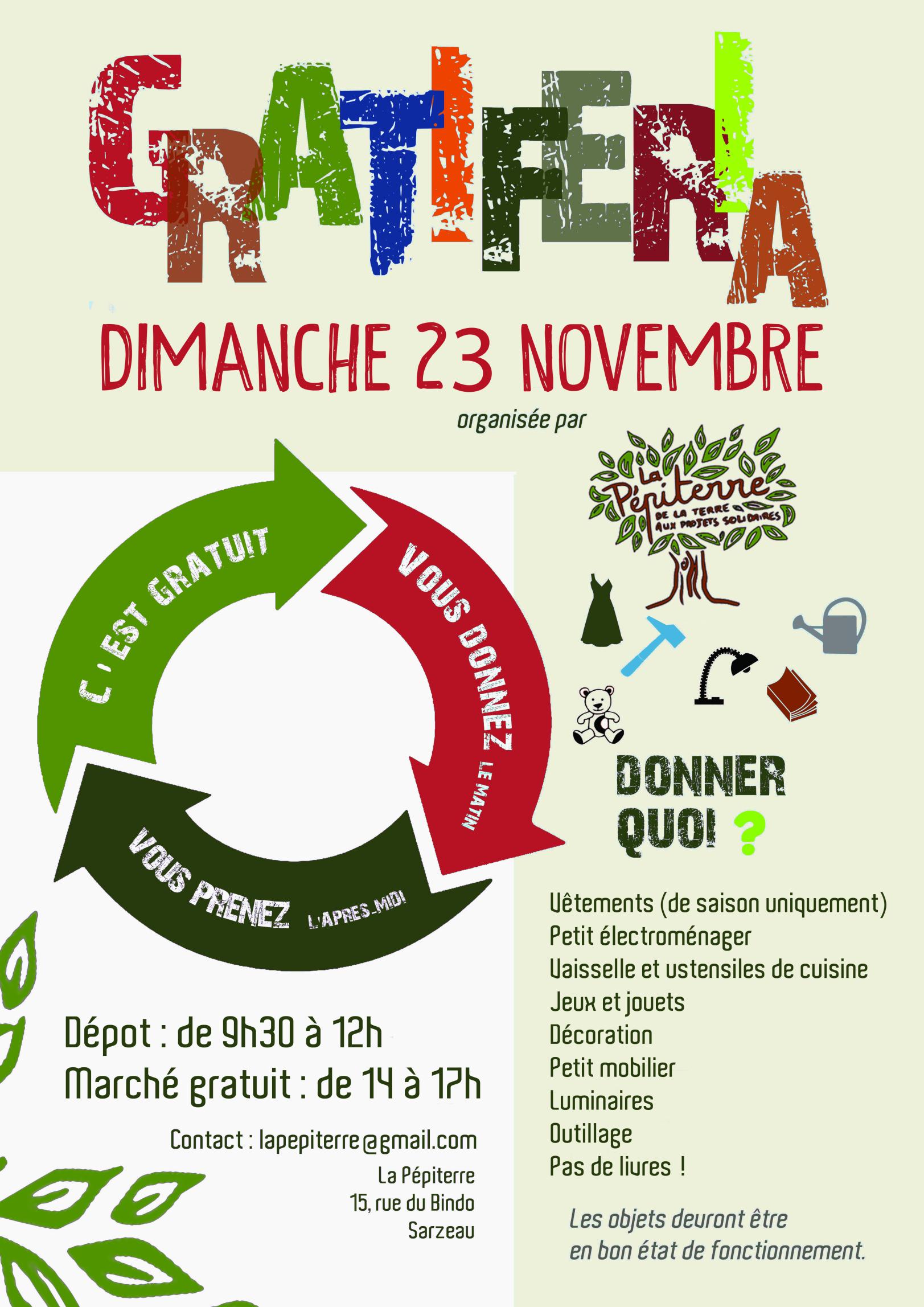 Marché gratuit. Le matin, vous donnez ce qui ne vous sert plus et, l'après-midi, vous prenez : c'est gratuit