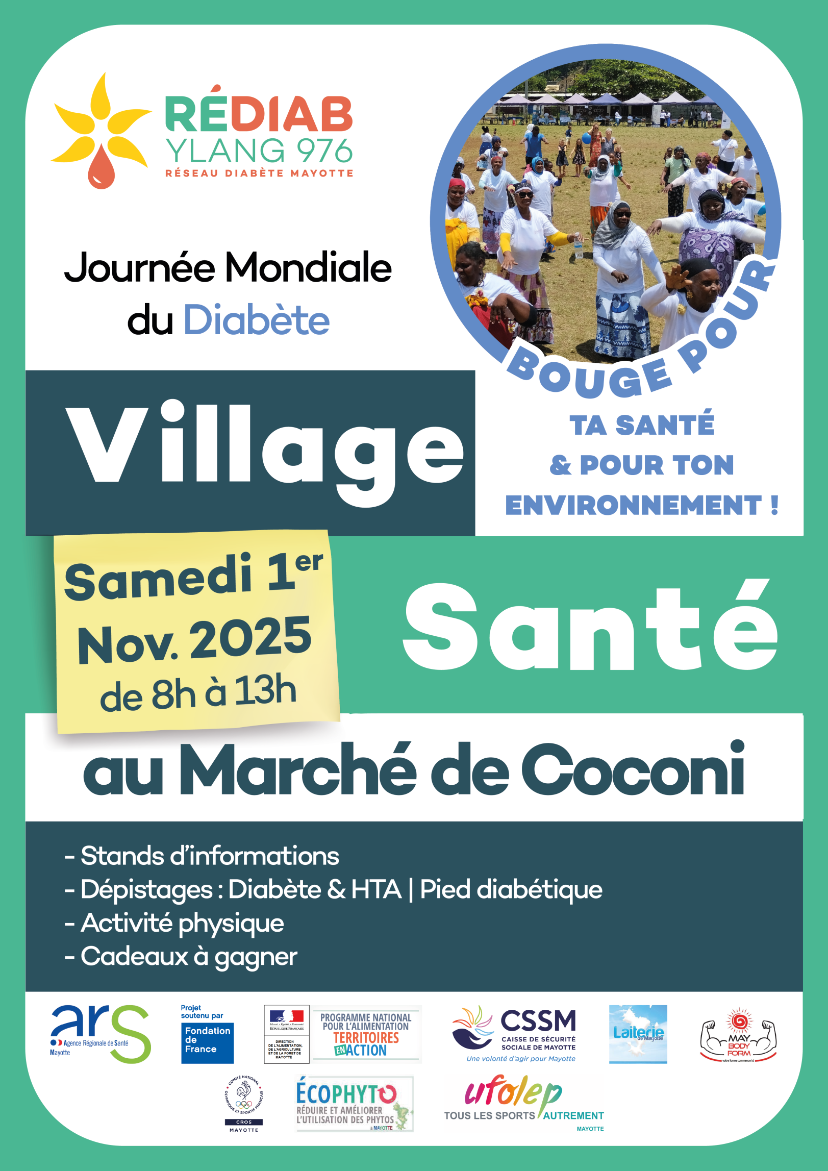 Affiche Village santé le samedi 1er novembre 2025 au marché de coconi à l'occasion du mois de la Journée Mondiale du Diabète.