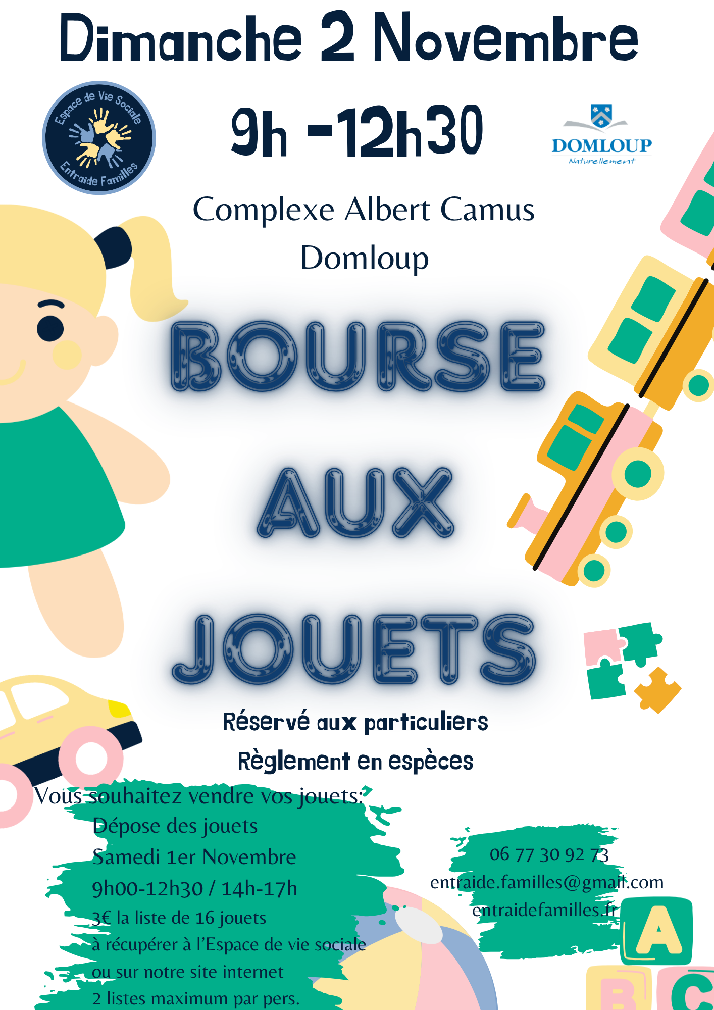 Affiche de la Bourse aux jouets 2025 Dimanche 2 novembre de 9h - 12h30 : bourse aux jouets