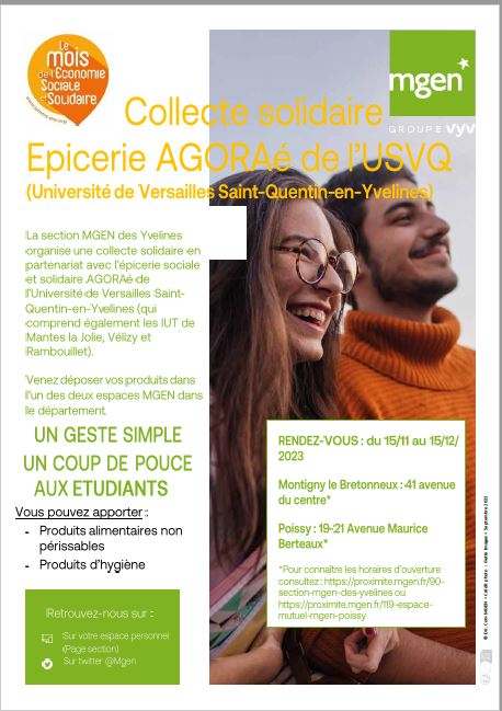 A l’occasion du mois de l’Economie Sociale et Solidaire, la section MGEN des Yvelines organise une collecte solidaire en partenariat avec l’épicerie sociale et solidaire AGORAé 