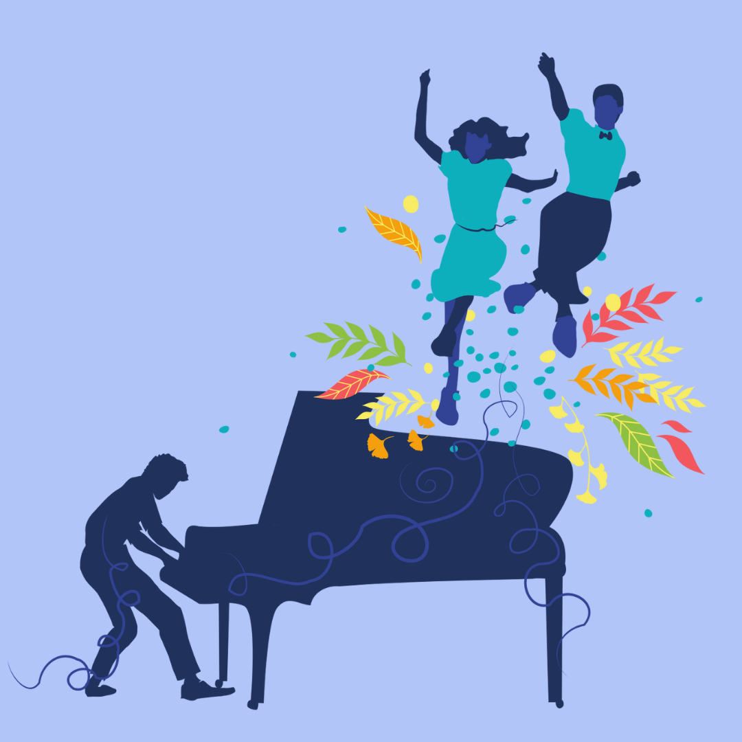 Jardin au naturel Illustration de quelqu'un jouant du piano debout. Deux personnes sautent joyeusement par dessus le piano.