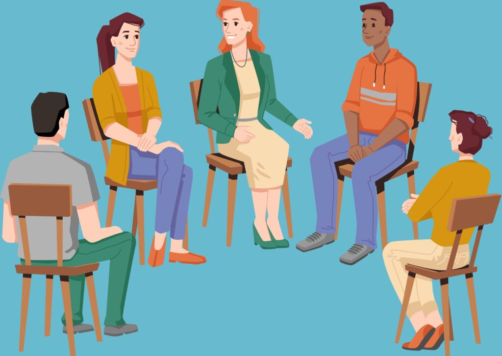 Les 7 causeries Illustration de 5 personnes qui discutent en cercle assis sur des chaises.