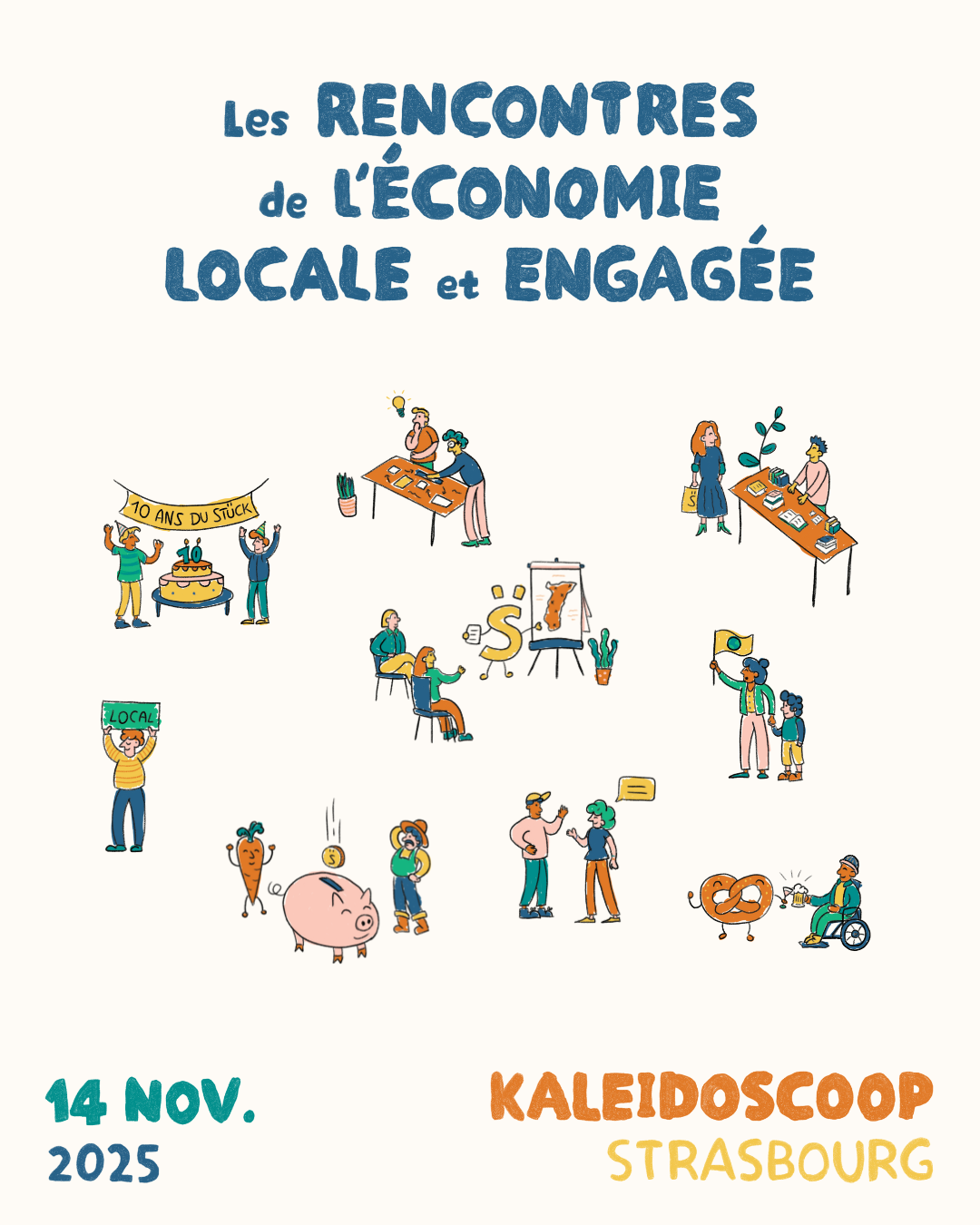 Affiche avec le titre de l'événement et de petites illustrations