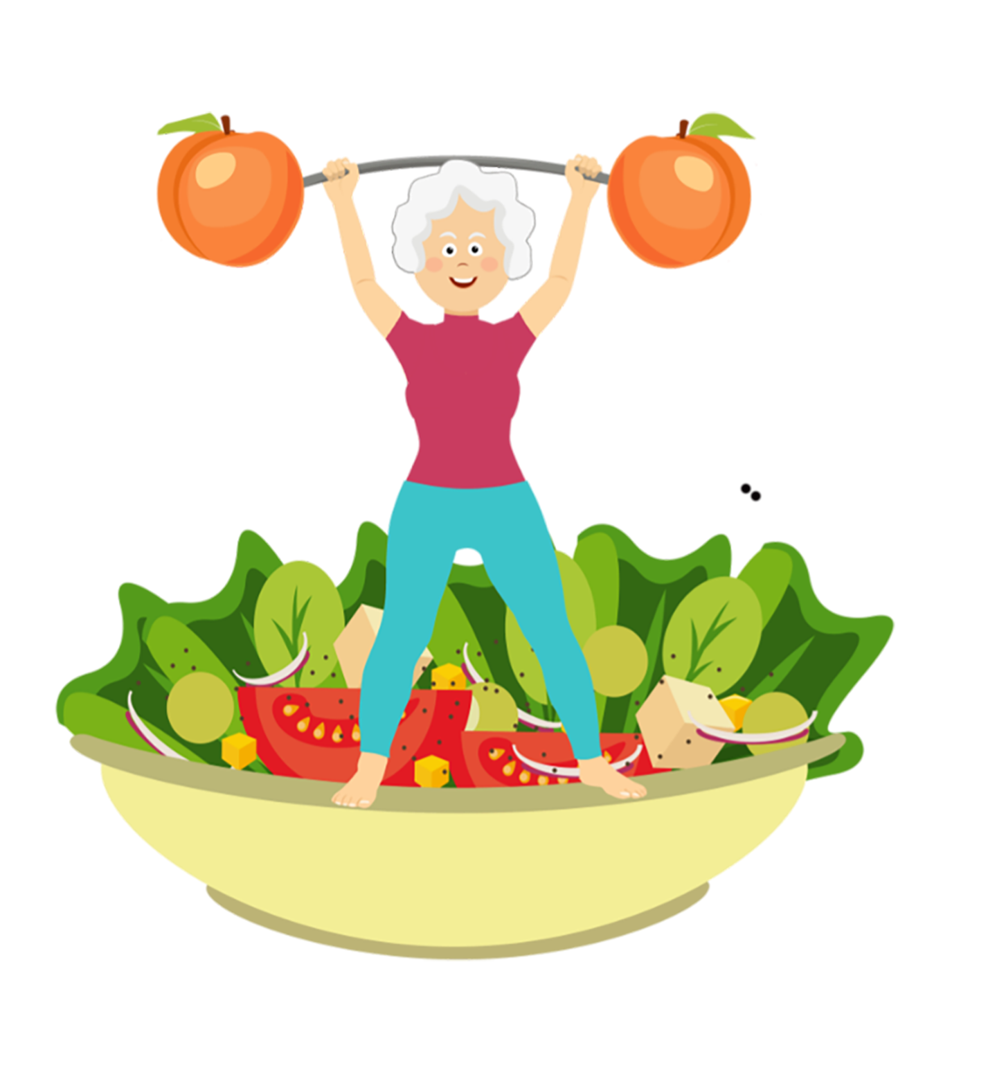 Femme senior portant une haltère dans une assiette de crudités