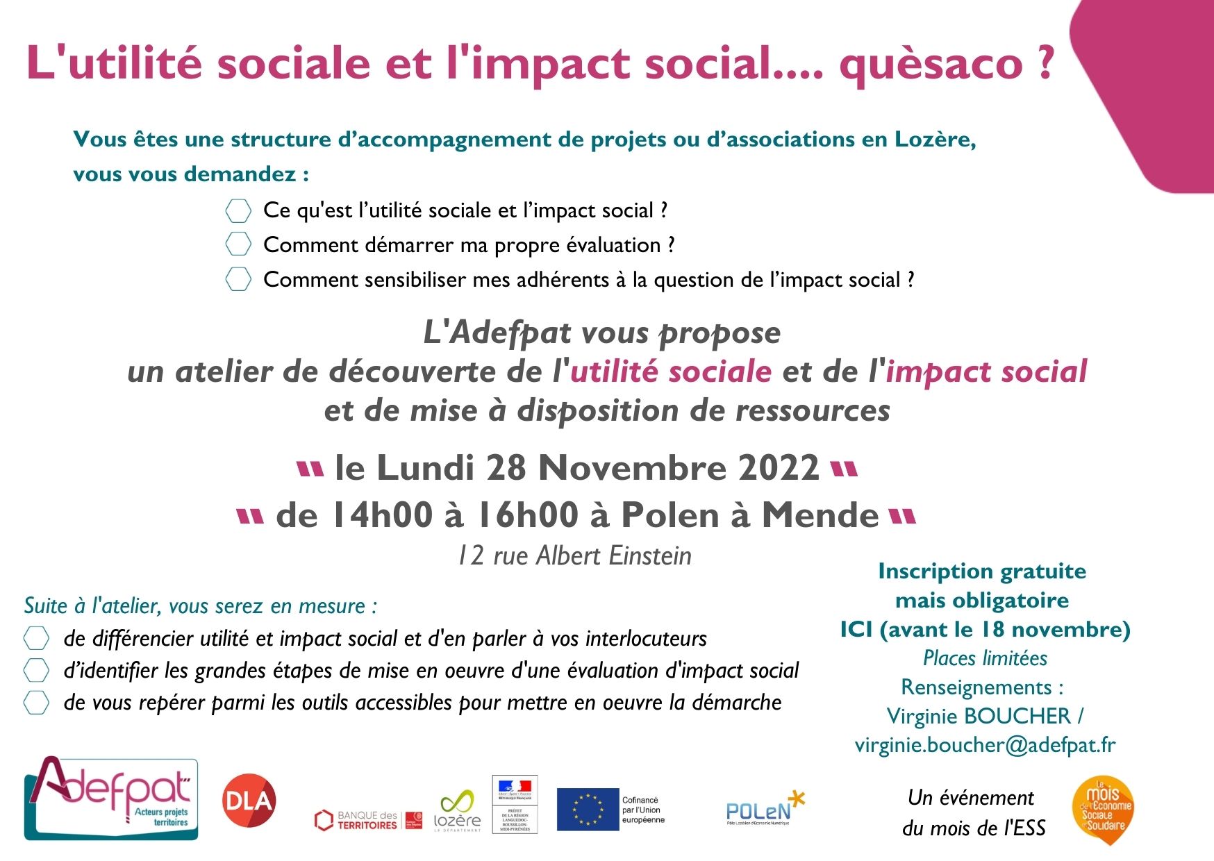 L'utilité sociale et l'impact social... quèsaco ? L'Adefpat vous propose un atelier de découverte de l'utilité sociale et de l'impact social et de mise à disposition de ressources