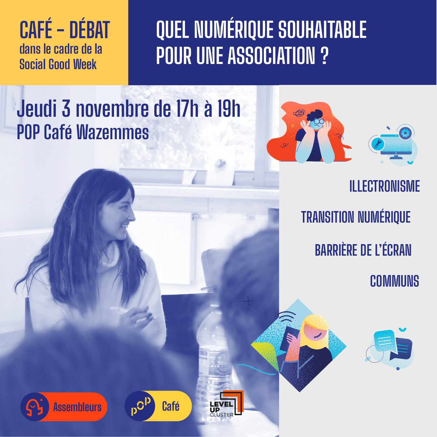 Photo d'une femme, date et nom de l'événement, mots clés illectronisme, transition numérique