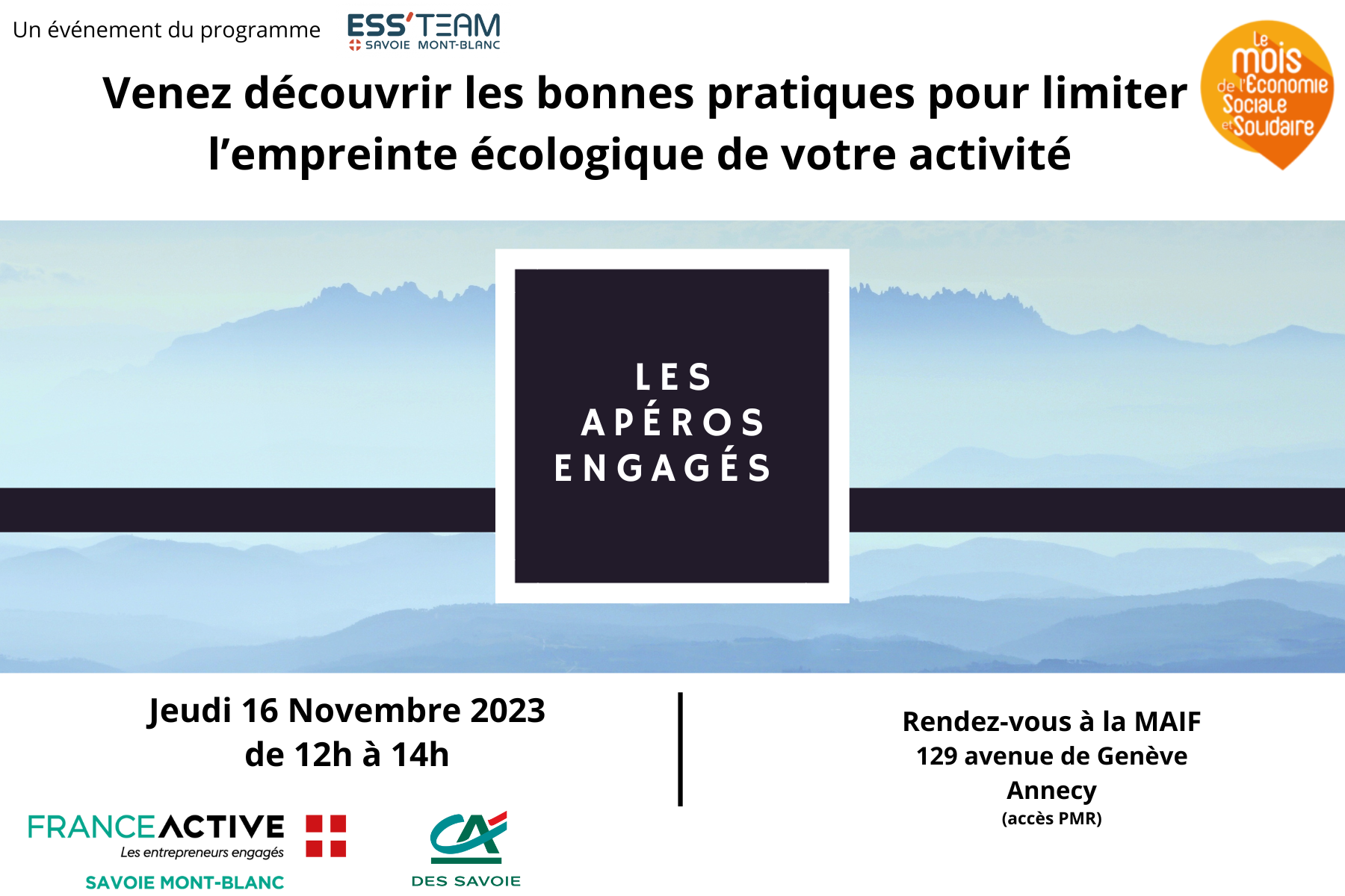 France Active Savoie Mont-Blanc vous invite à son apéro engagé du mois de l'ESS : Venez découvrir les bonnes pratiques pour limiter l’empreinte écologique de votre activité France Active Savoie Mont-Blanc vous invite à son apéro engagé du mois de l'ESS : Venez découvrir les bonnes pratiques pour limiter l’empreinte écologique de votre activité