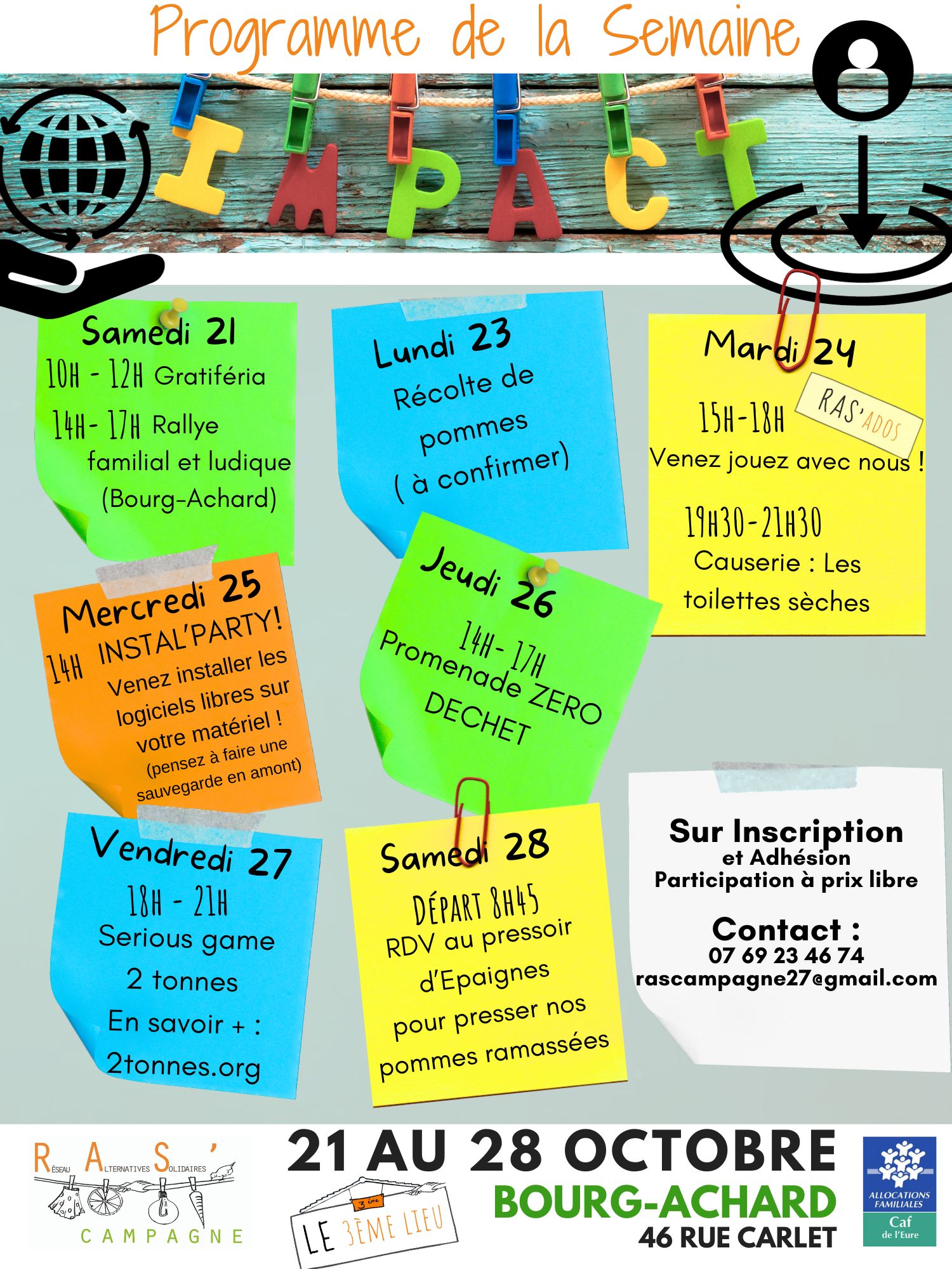 Semaine à IMPACTS Semaine thématique pour que chacun s'approprie des outils impactants sur notre transition écologique et citoyenne : échanger sans monnaie, nettoyer et valoriser son territoire et ses chemins non-motorisés par le groupe jeunes pour un public intergénérationnel, récolter et faire son propre jus de pommes local, apprendre la coopération par les jeux, partager d'expériences pour l'installation de toilettes sèches, installer des logiciels libres sur nos ordinateurs, participer à un serious game 2 tonnes,...
