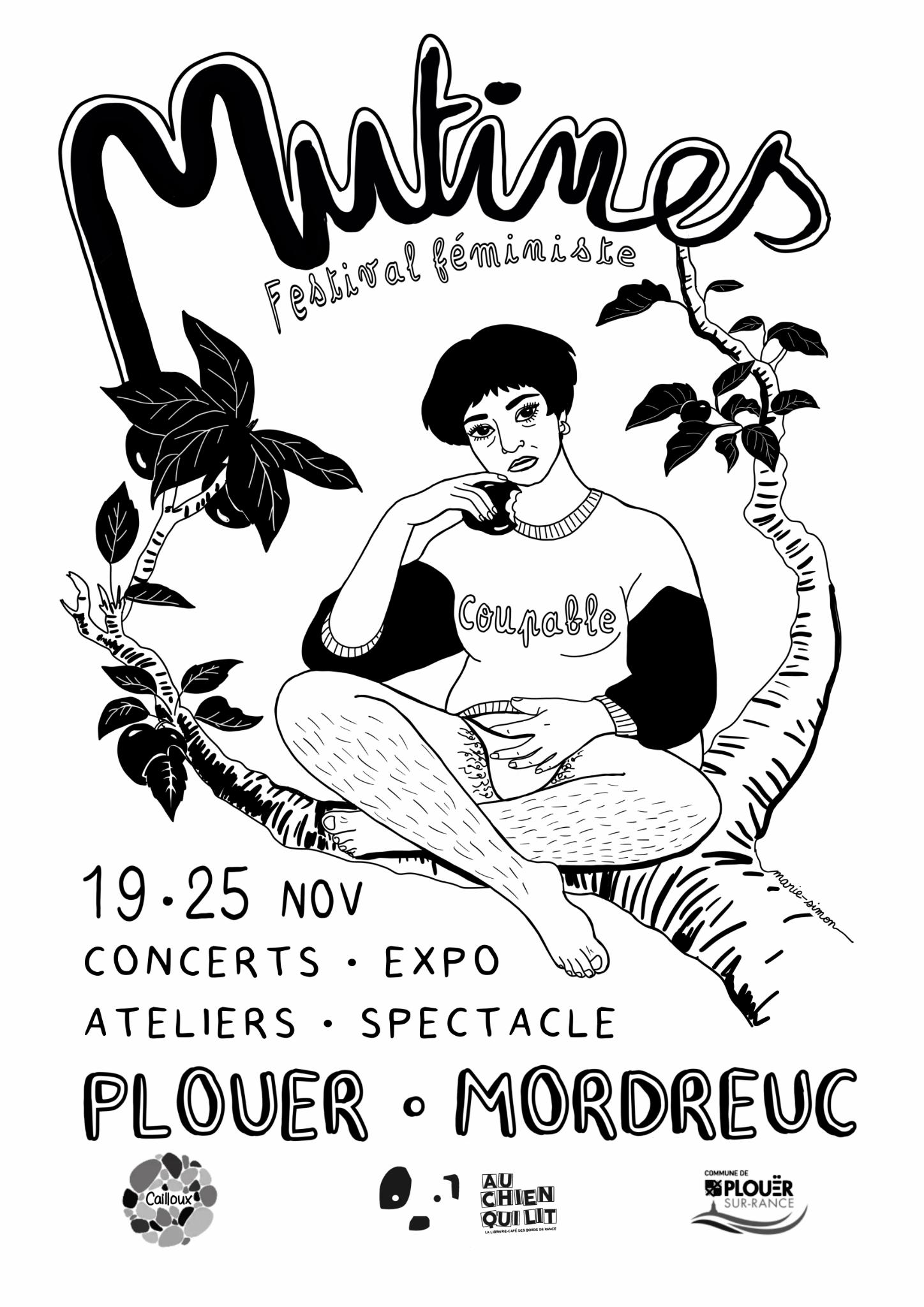 une femme, eve ?, assise sur un arbre, une pomme à la main et de son autre main caressé le haut de sa culotte.