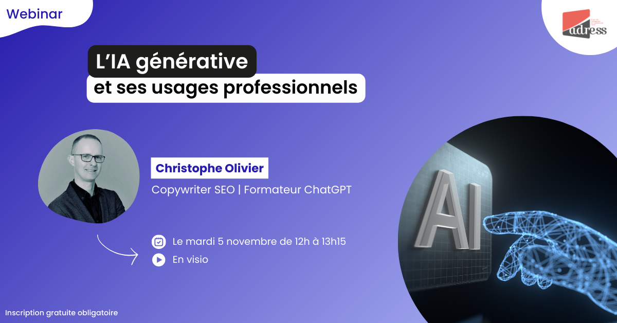L'IA générative et ses usages professionnels Image illustrant l'intelligence artificielle, photo de l'intervenant, horaire de l'événement
