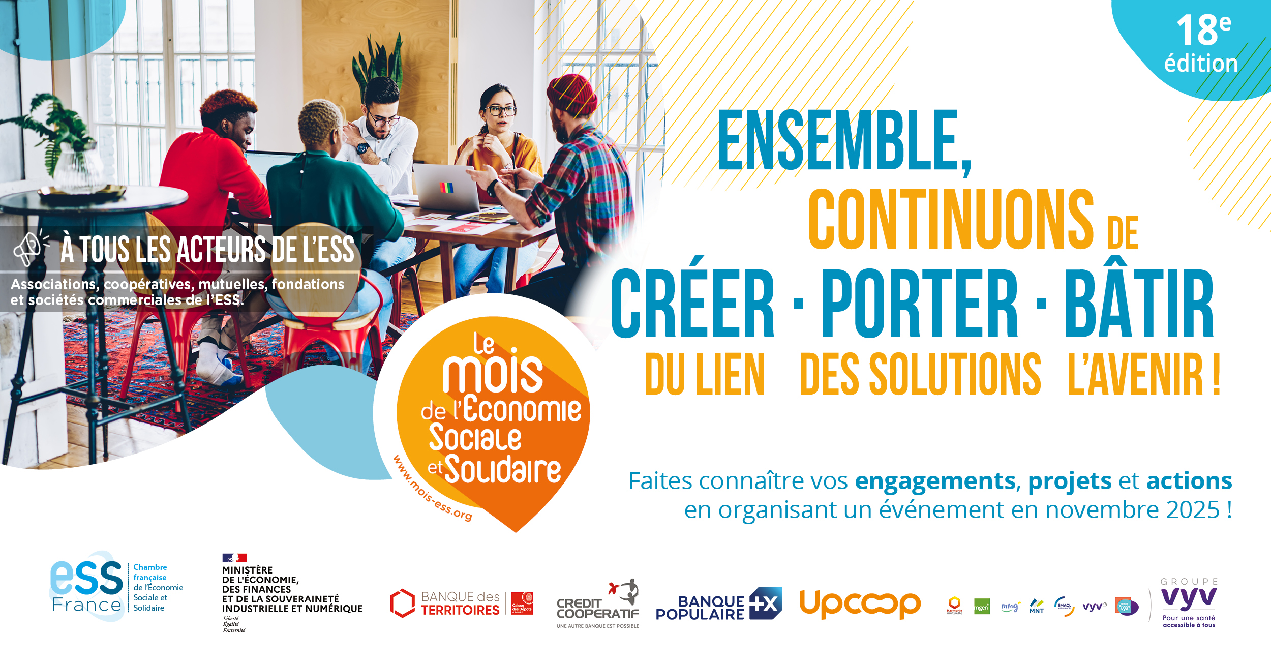 Visuel Mois de l'ESS 2025 : ensemble, continuons de créer du lien, porter des solutions, bâtir l'avenir !