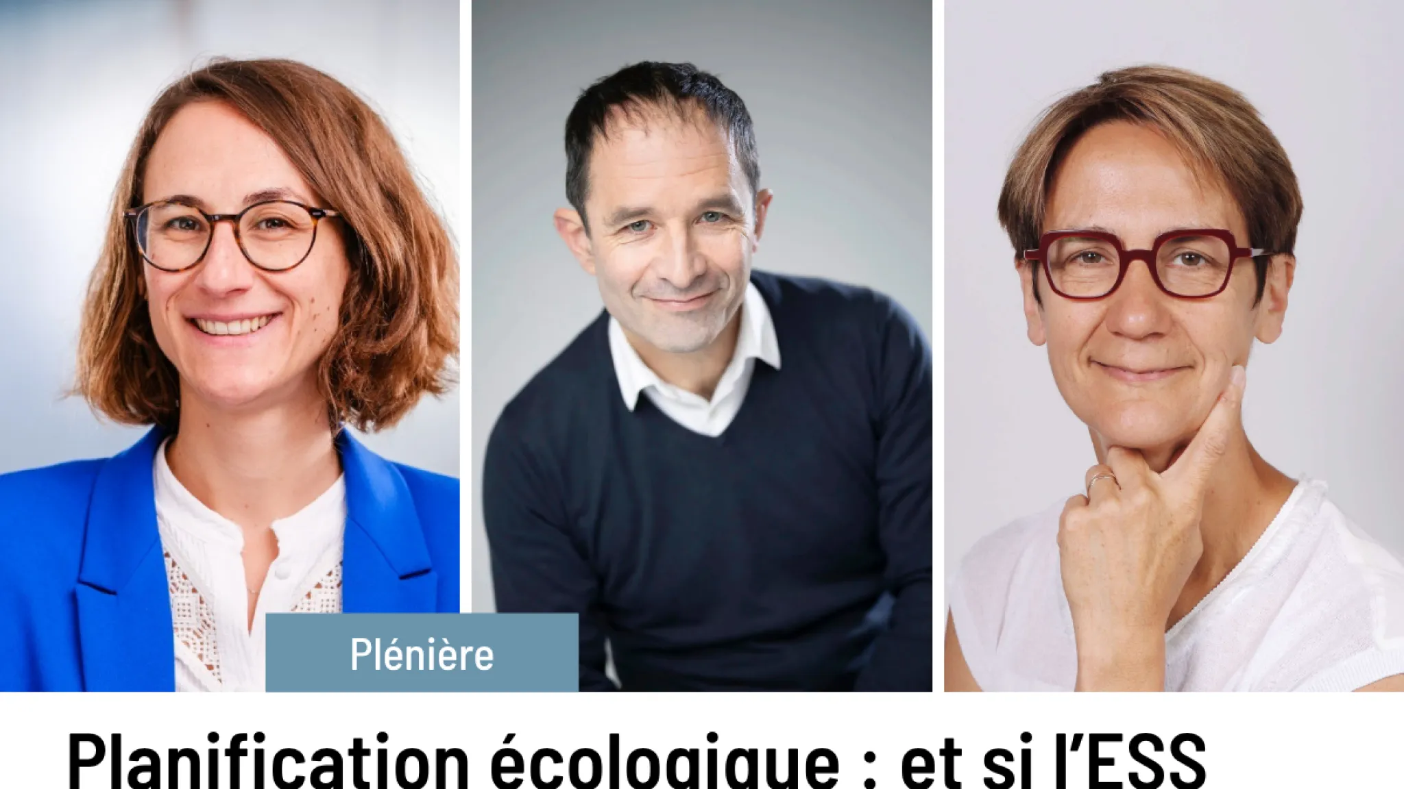 visuel avec photo de Claire Thoury a gauche, Benoit Hamon au centre, et Florence Jany-Catrice a droite